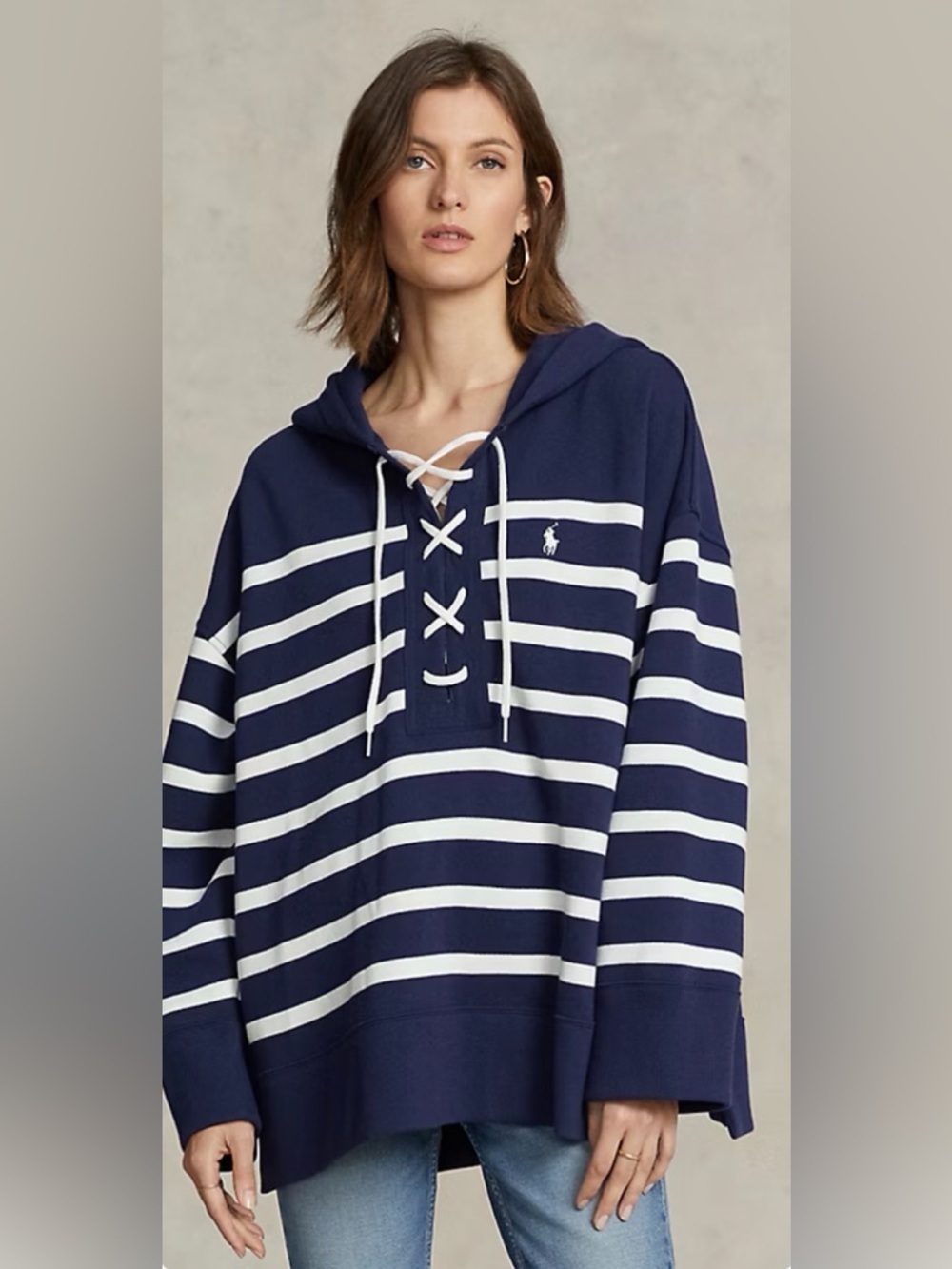 Polo Ralph Lauren Fleece Hoodie Pullover Over-Sized Navy Stripe Lace-Up m/l